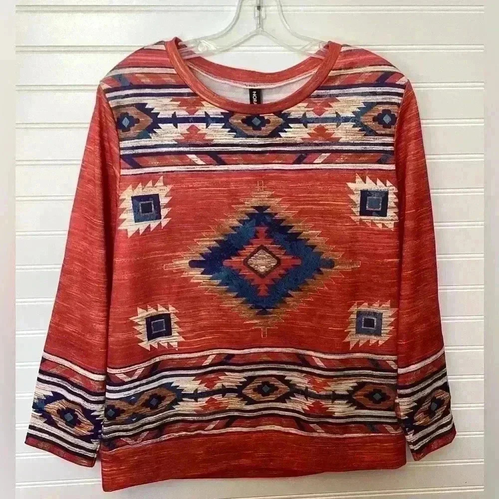 Noracora Women's Size S Western Aztec Print Long Sleeve Top Pullover